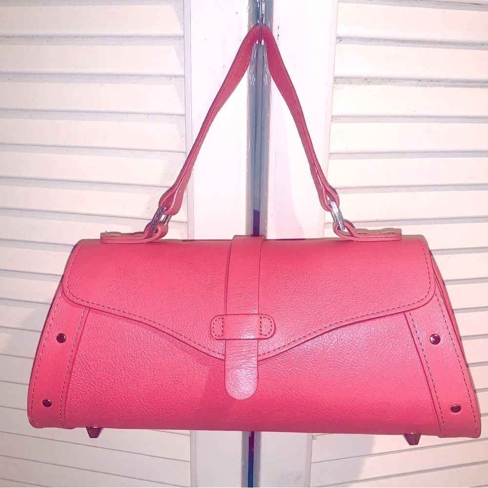 Rowallan Pink Shoulder Bag with Flap Closure and Metal Accents